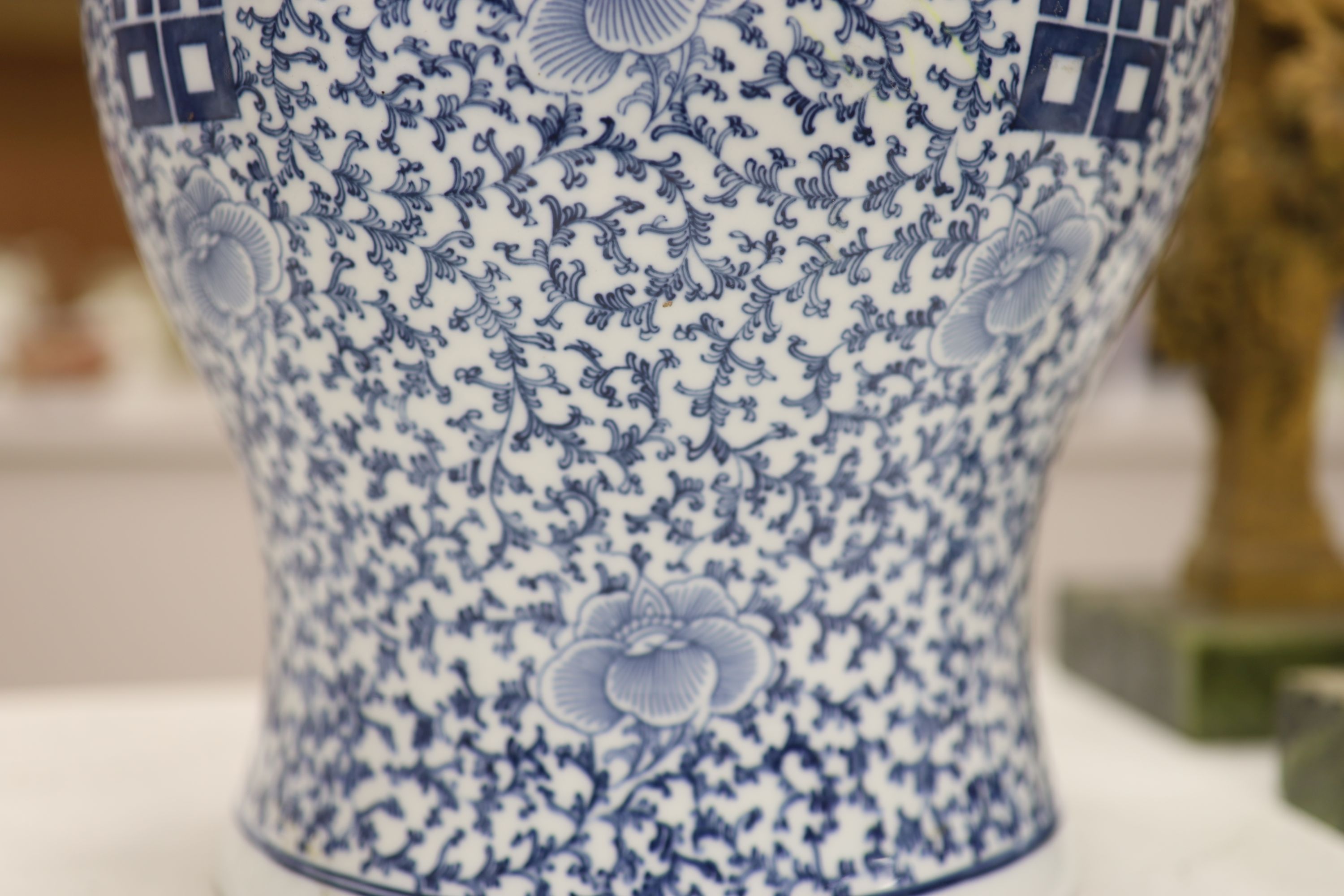 A large 20th century Chinese blue and white Shuangxi baluster vase and cover, height 32cm